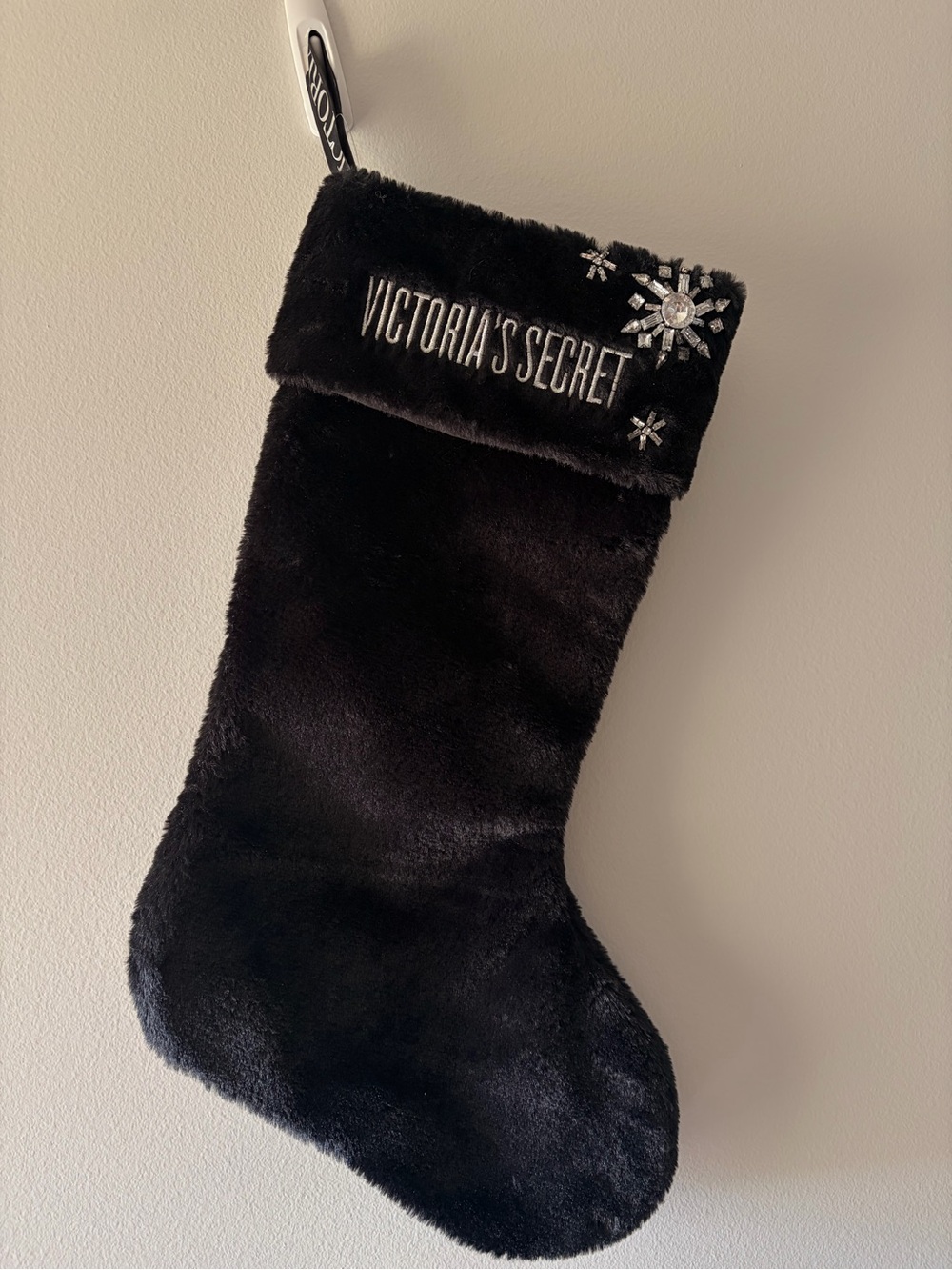 Victoria's Secret Black Faux Fur Holiday Stocking Crystal Snowflake NWT